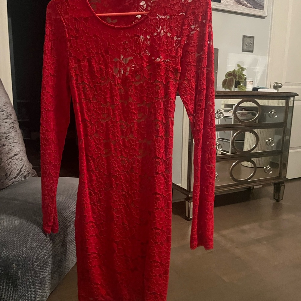 Express Red Embellished Ruched Bodycon Dress
